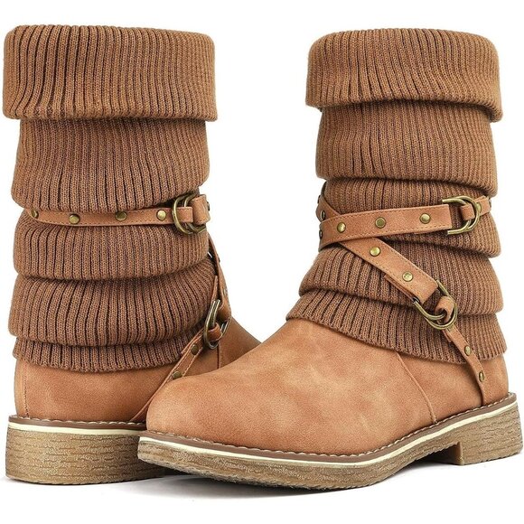 Women's Mid Calf Fashion Winter Snow Boots Camel Brown Buckle Closure Faux Fur - Picture 2 of 7